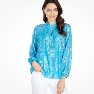 Lilly Pulitzer Turquoise Metallic-Leaf Blouse
